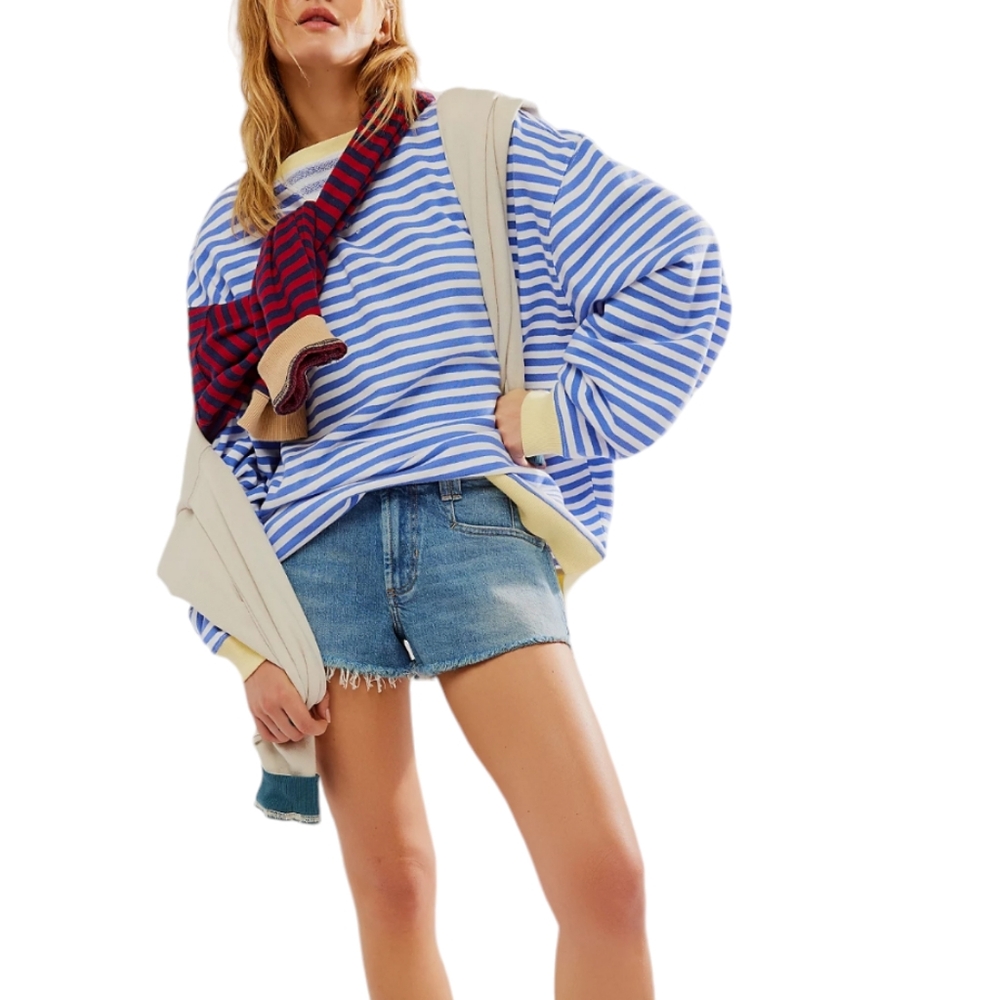 NWOT We The Free Classic Striped Oversized Crewneck Cobalt Combo|Size S